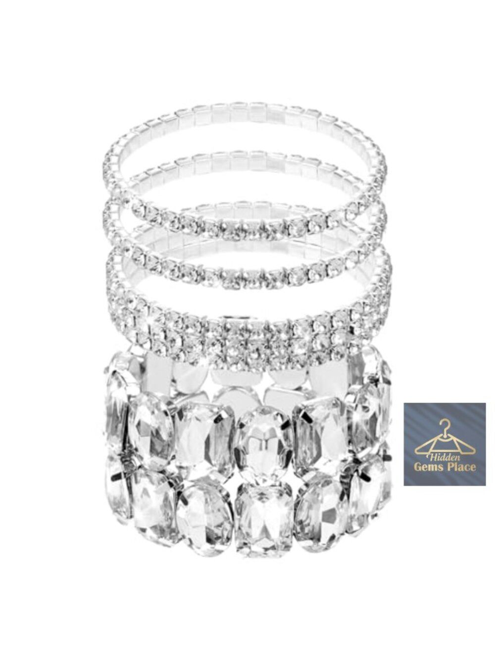 4 Piece Silver Tone Stretch Bracelet Set Stackable Layered Jewelry